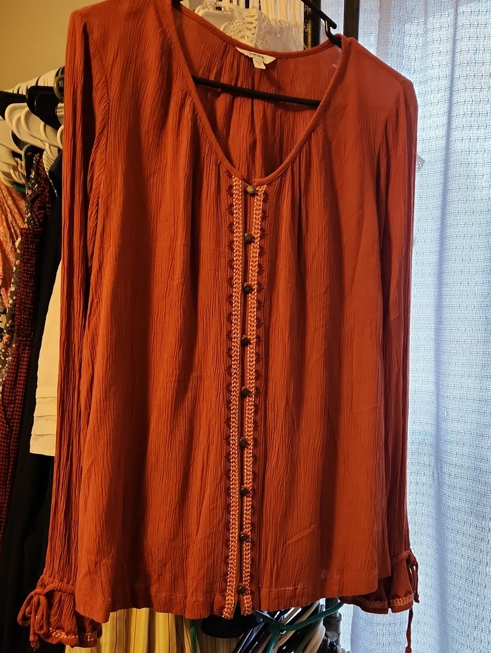 Sonoma Rust-Orange Long-Sleeve Button Front Blouse